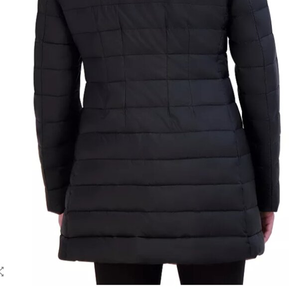 Tahari Womens Puffer Jacket Hooded Faux Leather Trim Puffer Coat Black Large NWT - Picture 11 of 14